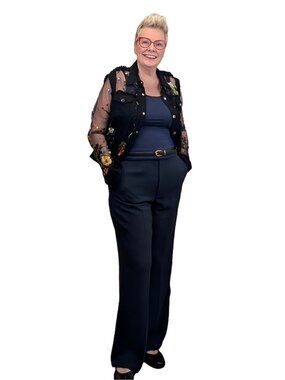 ADORE Black Denim with sheer floral embroidered panels & sleeves - Women's Large